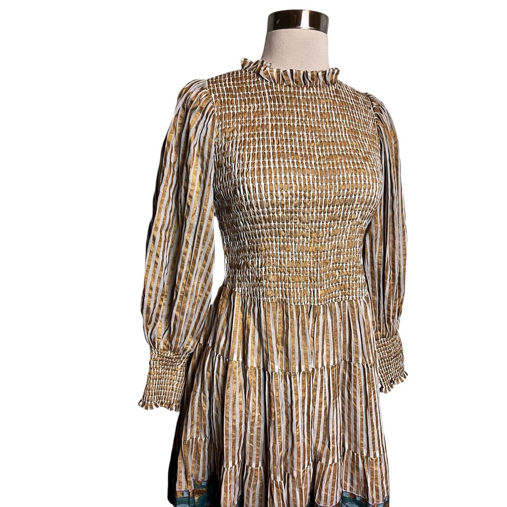 OLIPHANT Dress S Smocked High Neck Mini Gold Striped Block Print Balloon Sleeve - Picture 4 of 8